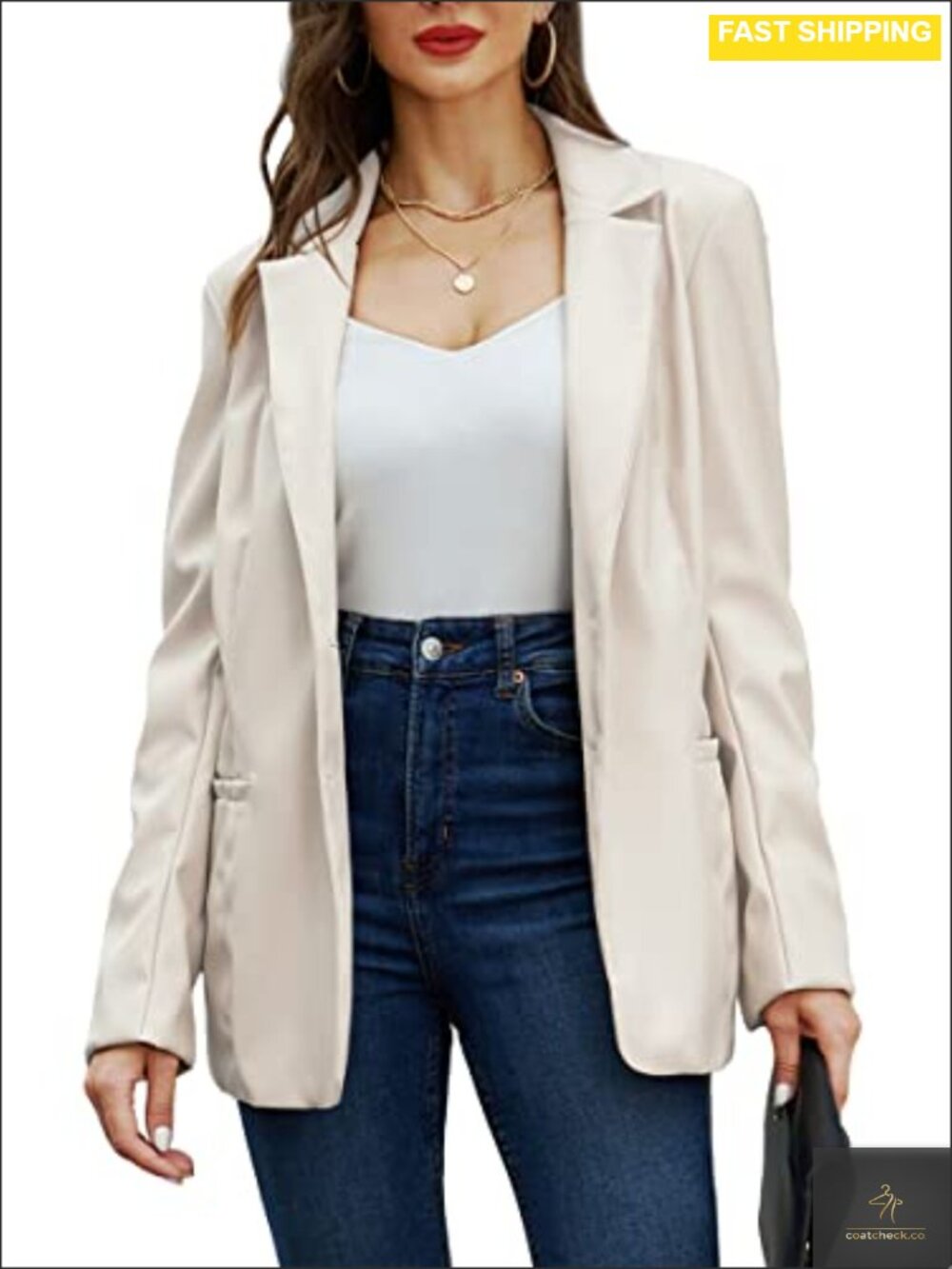 Faux Leather Blazer Jacket PU Coat Notch Lapel